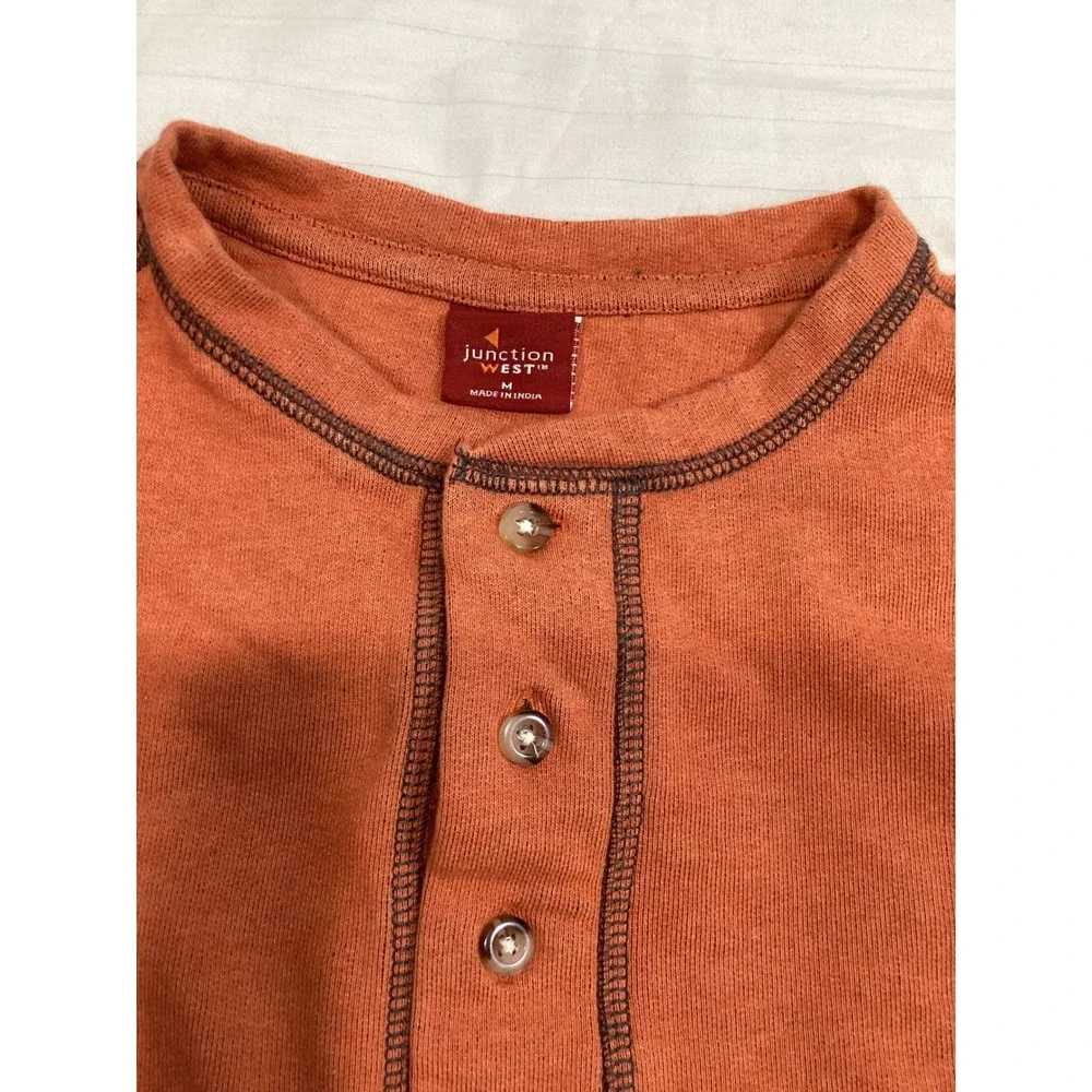 Junction West Mens Henley Shirt Long Sleeve Burnt Orange Size M Contrast‎ Stitch